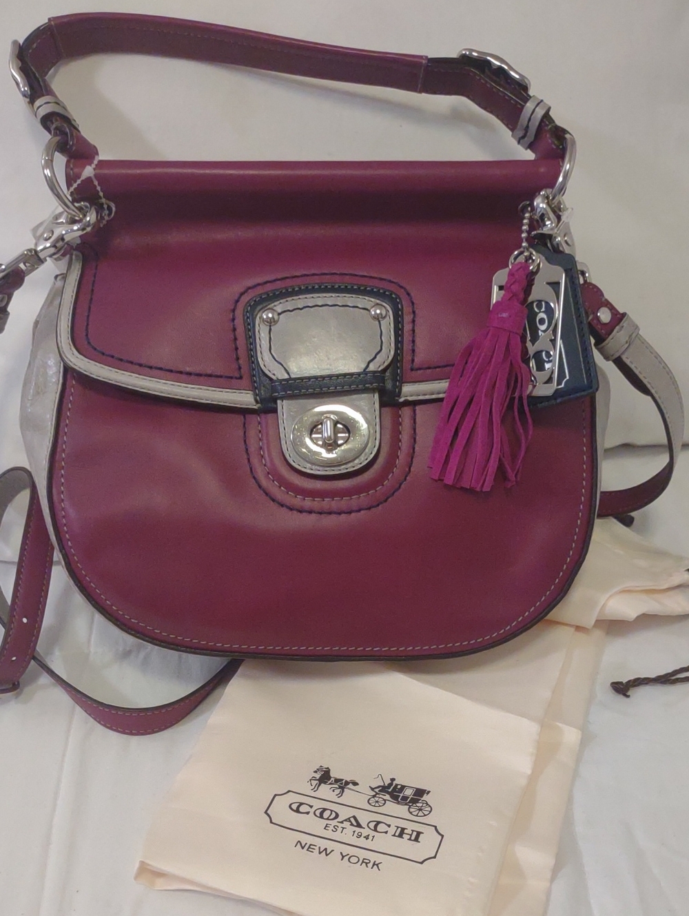 COACH Plum Leather Satchel with Contrast Trim and Tassel